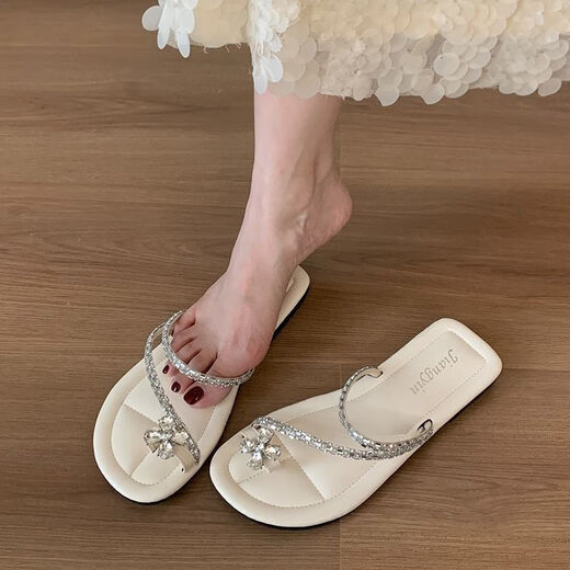 Belle Pedal Toe Fashion et style fée polyvalent à l'extérieur portant des sandales à semelle à semelle antidérapante en strass de couleur solide de tête ronde à tête rond