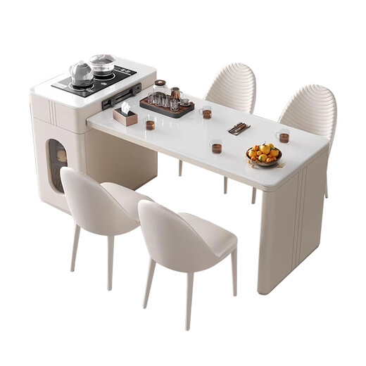 Fashidu cream style slate island dining table integrated 2025 new hot style retractable small-sized household multi-functional tea table tea stove style bull socket island table + 2 chairs 1 meter telescopic total length 105-125cm