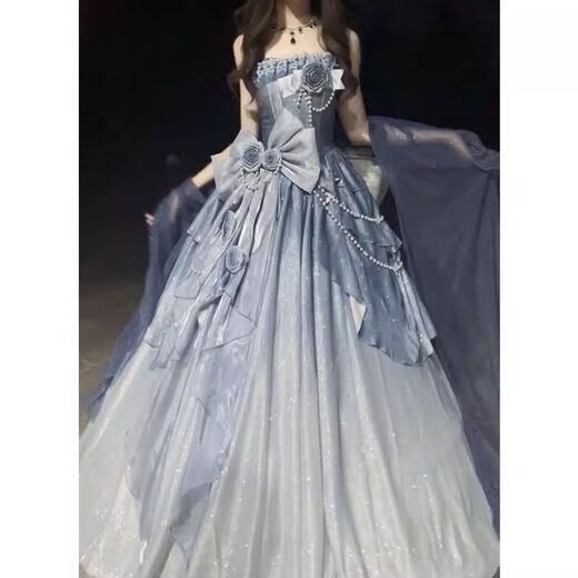 蓉月阁优雅蓝色花嫁细闪Lolita婚纱连衣裙2025新款洛丽塔成人礼服裙子女 连衣裙 (仅连衣裙) M
