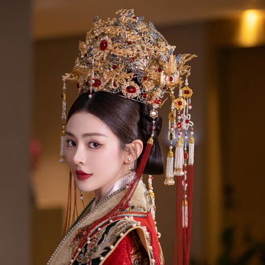 Chi Xing Bridal Headdress Cloisonné Long Tassel Ming-style Hanfu Classical Hanfu Wedding Chinese Ancient Style Phoenix Crown Hair Accessory Headwear Set 83212