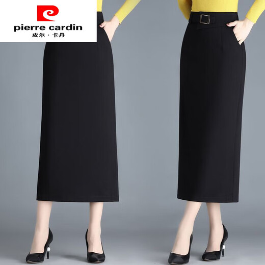 Pierre Cardin (pierre cardin) skirt women's hip skirt autumn and winter new high-waisted slim mid-length straight thickened slit one-step skirt long skirt black winter style plus velvet thickened 3XL 136-145Jin Jin is equal to 0.5 kg