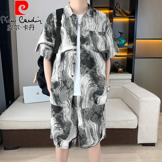 皮尔卡丹（pierre cardin）新中式国风短袖衬衫套装男夏季冰丝薄款半袖衬衣搭配沙滩短裤一套 677粉色套装 3XL 160-175斤
