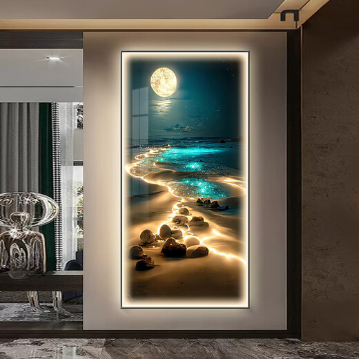 入户门玄关装饰画系夜景客厅走廊过道挂画镶钻LED发光灯画 PGB4881 40*80cm 百搭黑框（拉丝铝合金边