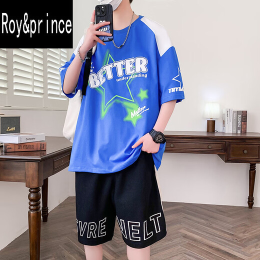 罗伊王子&Roy&prince短袖套装男潮流t恤12-15岁青少年初中学生帅气夏装13大童运动14 JYZJ-9905白色(上衣+短裤) XL 115至130斤