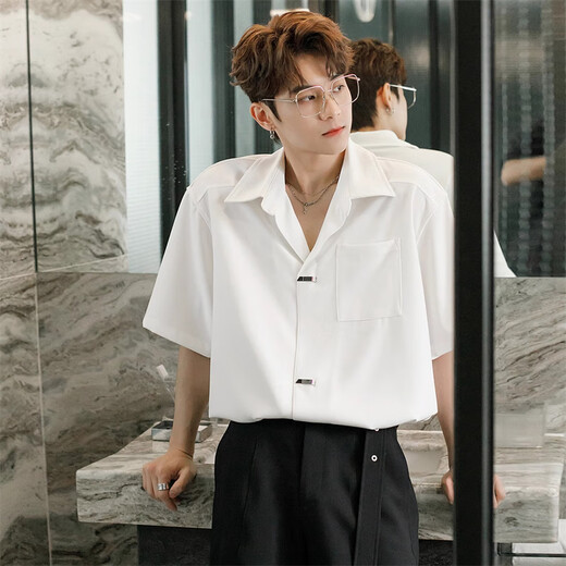 Poum Mode weißes weißes Kurzarmhemd Herren 2025 Sommer Neues lose trendy Hemd lässig halb Ärmel Top CSP-C983 Weiß 2xl (Empfohlen 150-170jin [Jin ist gleich 0,5 kg])
