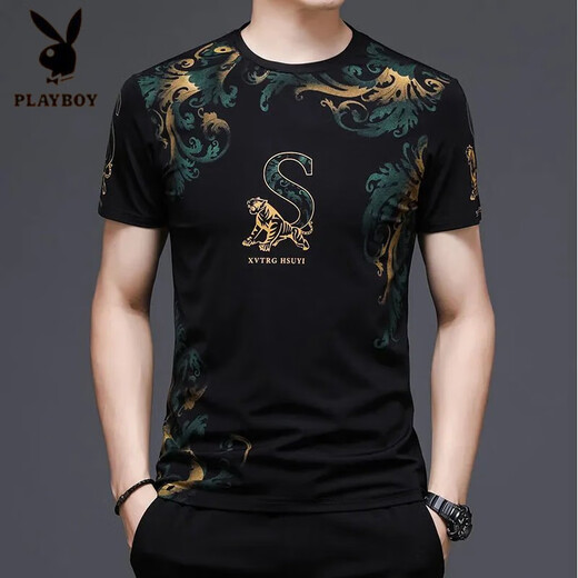 Playboy (PLAYBOY) Chinese style tiger head trendy men's short-sleeved T-shirt fashion printed large-size men's base shirt half-sleeved loose top 829 black letters L 170 [recommended 120-140Jin [Jin equals 0.5 kg]]