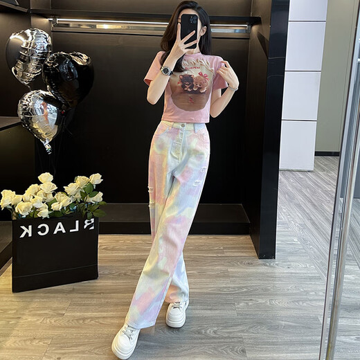 Kaizitu Ymeng Europäischer Modeanzug für Frauen im Sommer Neue modische altersreduzierende Kurzärmel-Kurzärmel-Top-Weitbein-Hosen zweiteiliger Set 7009A Pink Kurzärmelte + 7047B Jeans S S