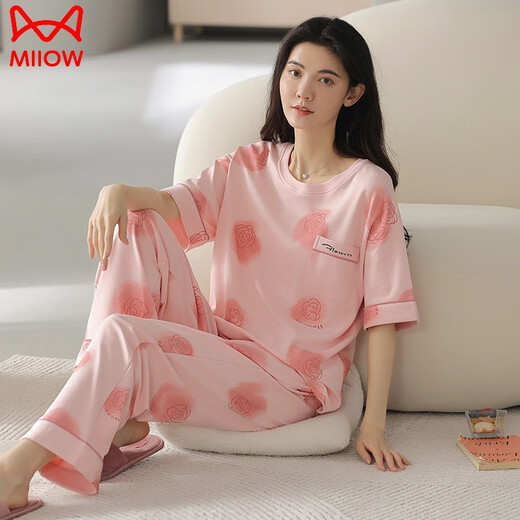 猫人（MiiOW）纯棉睡衣女夏季短袖长裤圆领韩版甜美卡通学生可外穿家居服套装薄 Z9721 M (155-160CM，80-100斤)