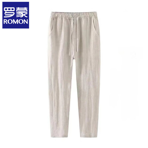 ROMON linen pants men's summer thin nine-point pants loose slim casual harem pants large size straight pants men linen-color summer style 3XL 130-145Jin Jin equals 0.5 kg