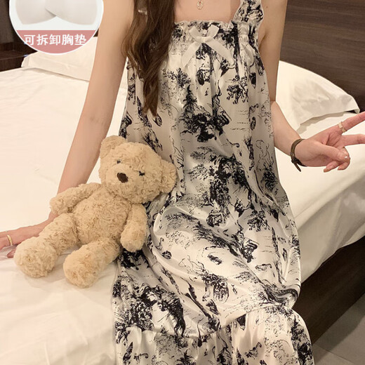 浪莎（LangSha）睡裙女夏季自带胸垫冰丝凉感吊带睡衣夏天女士甜美可爱家居服春秋 3889【不可拆胸垫】 M 【75-100斤】
