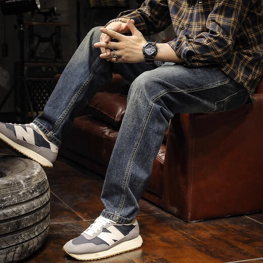 Guxiansen American Jeans Retro Jeans Loose Spring y Autumn Harem Pants elásticos de lavado para hombres Biros largos Azules 32 [135-145Jin [Jin iguala 0.5 kg]]]