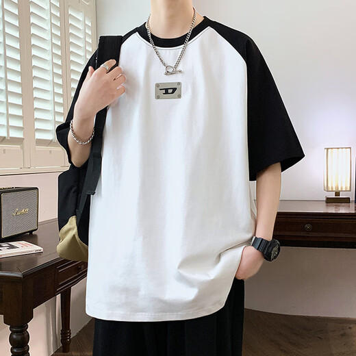龙桃子插肩袖t恤男夏季美式潮流撞色圆领套头衫男生青少年设计感体恤衫T 1105白色 M 约85~105斤可穿