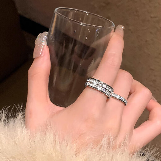 Platinum Ring Ring Gypsophila Ring Women's Niche Design Couple Ring Plain Circle Full Diamond Ring Women's Light Luxury Tail Ring Ring Gypsophila Ring Silver Two-piece Set