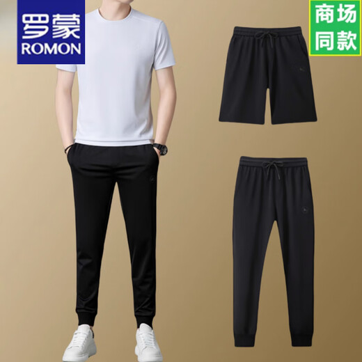 罗蒙（ROMON）短袖T恤男士圆领休闲运动透气两件套装夏季2025新款长裤套装 白色上衣-13601 M 165