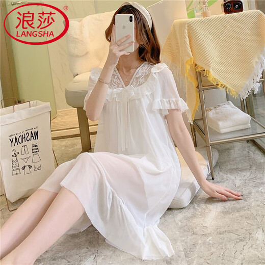 Camisón Langsha (Langsha) Camiseta para mujeres en el verano encaje de manga corta sexy blanca malla pijama de seda vestido de encaje modal de encaje de encaje e_w7373# falda de malla de manga corta M [85-105Jin [Jin equivale a 0.5 kg]]]