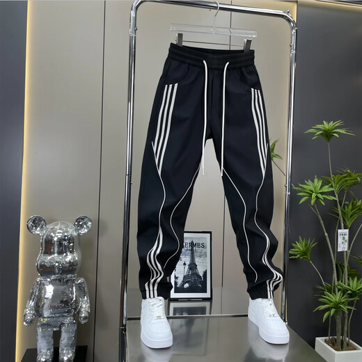 Feidi Sen Meng Bruder Hosen für Herren Sommer dünne Streife haderne Haremhosen für Jungen losen trendige vielseitige Bindungen Männer 683 Black (Sommerdünnstil) 32 (Empfohlen 130-145 Jin [Jin gleich 0,5 kg]))