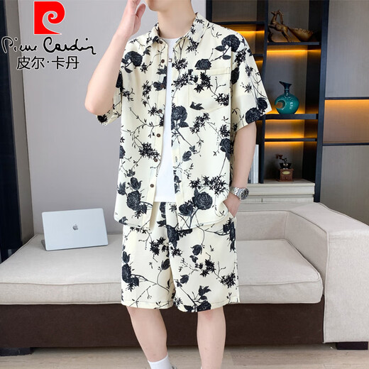 皮尔卡丹（pierre cardin）夏季冰丝短袖衬衫套装男休闲痞帅碎花半袖衬衣搭配沙滩短裤两件套 679米白套装 M 90-110斤