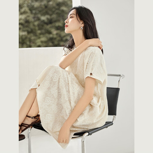 对白新中式纯棉连衣裙女2025夏季新款暗纹提花高级感气质宽松裙子 奶霜杏 M