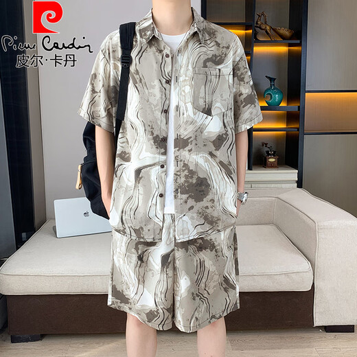 皮尔卡丹（pierre cardin）新中式国风短袖衬衫套装男夏季冰丝薄款半袖衬衣搭配沙滩短裤一套 677粉色套装 3XL 160-175斤
