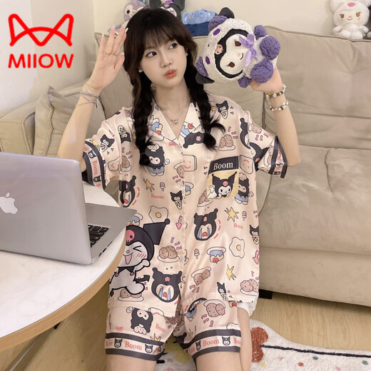 
Catman (MiiOW) Kulomi ice silk pajamas for women in summer short-sleeved ins cute internet celebrity style simulated home clothing summer suit #YX-9214 M [75-98]Jin[Jin equals 0.5 kg]