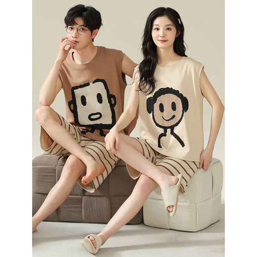 猫人（MiiOW）100%纯棉情侣睡衣一男一女夏天薄款可外穿卡通无袖背心家居服套装 719 M 女送男L