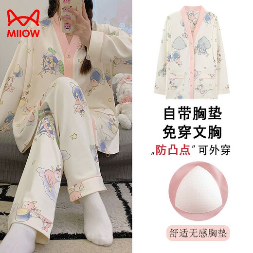 猫人带胸垫月子服纯棉a类春夏产后哺乳孕妇睡衣夏季薄款母婴级家居服 无胸垫【提花加厚】753小黄花 3XL 【155-180斤】