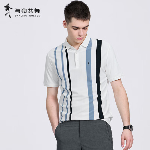 与狼共舞【天丝】翻领短袖T恤男2025夏季新款撞色条纹休闲透气Polo衫6628 本白-803 L (175)