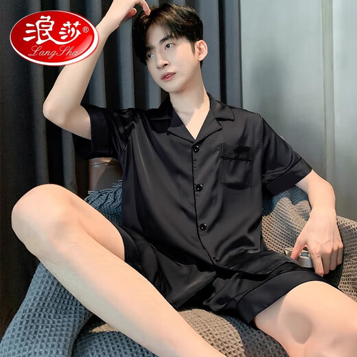 浪莎（LangSha）轻奢男士睡衣夏季冰感短袖裤色黑色夏天薄款男生真丝绸家居服套装 G723 XL (身高175左右体重130-150斤