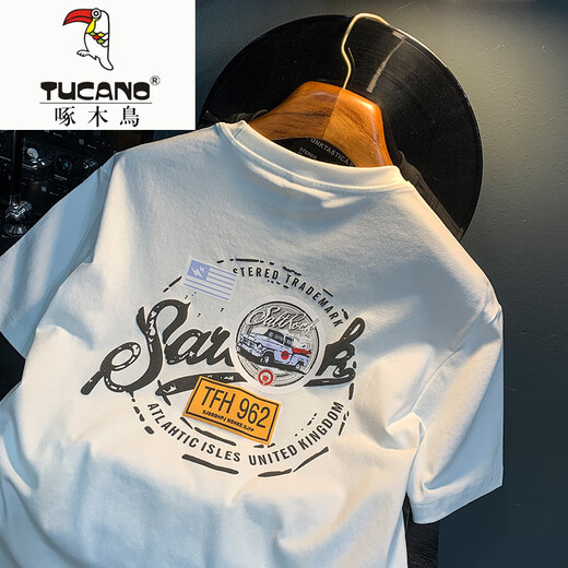Camiseta blanca (tucano) Woodpecker (tucano) para hombres nuevas tendencias de alta gama camiseta estampada con luz americana de lujo Xinjiang algodón cómodo de manga corta de algodón de manga corta [HJ9906-1 mangas] M adecuado para 90-108Jin [Jin iguala 0.5 kg]