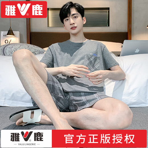 雅鹿男士睡衣夏季短袖短裤棉质青少年简约男夏背心大码中年家居服套装 品牌9922 L 男士(适合95-120斤)