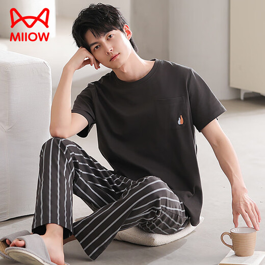 Catman (Miiow) PAJAMAS DE SUMER Cotton de algodón puro pantalones de manga corta de algodón de manga que se puede usar de gran tamaño y casual en el juego de ropa para el hogar de algodón exterior Q12014 L