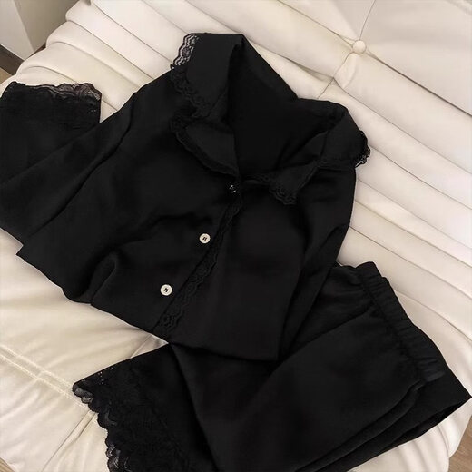 HUALIN FASHION冰雪丝睡衣女款长袖黑色蕾丝家居服套装感春夏两季 1365 纯色开衫 170 M