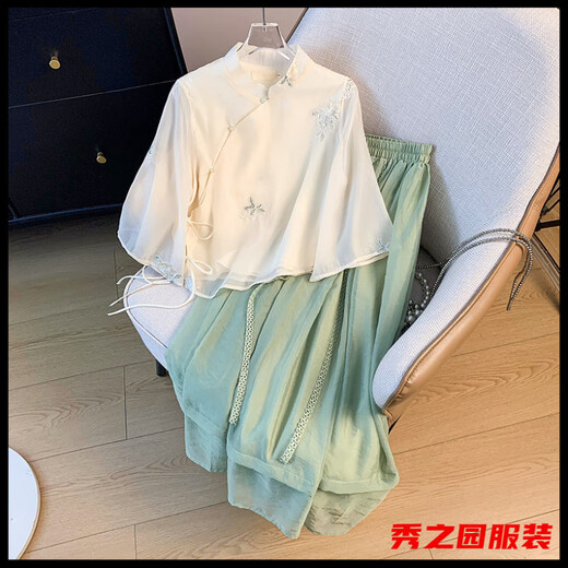 Fan Zhesha's new Chinese style Hanfu stand-up collar tilt placket short-sleeved embroidered top improved the national style skirt suit cool temperament 1043 green + 12161 brown M