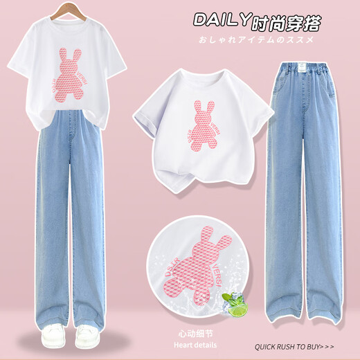 勤度大童女装12-15岁女孩衣服套装夏季童炸街装洋气短袖两 15013蓝色+9921白色 120 cm