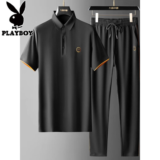 
Playboy (PLAYBOY) summer silky fast drying soft casual wear for men middle-aged fashion short sleeve lapel deep crotch two-piece suit men W9906 black suit 3XL 150-170Jin [Jin equals 0.5 kg]