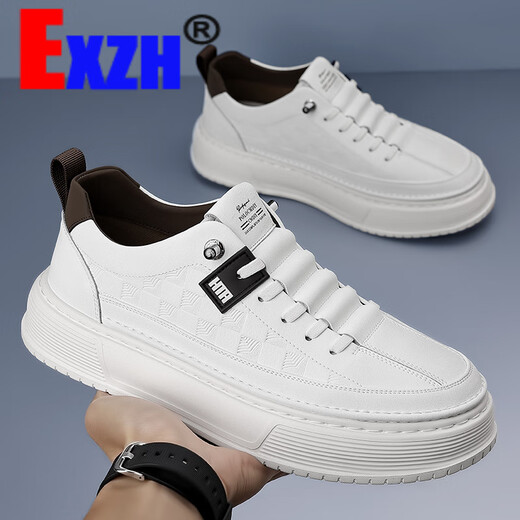 
EXZH brand men's shoes 2025 spring new white shoes men's trendy and versatile leather breathable height-enhancing men's shoes ZH6227 white 38