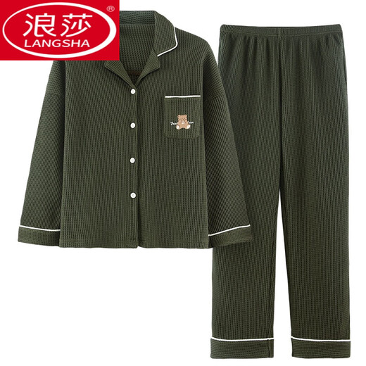 
LangSha couple pajamas pure cotton women spring and autumn cardigan long sleeve summer women youth men autumn and winter cotton home clothing suit cardigan suit MJL9856 M women + men L