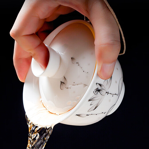 Jingcizhai hand-painted kung fu tea set household mutton-fat jade white porcelain covered bowl teapot tea cup light luxury high-end new style hand-painted ink lotus covered bowl Xishi teapot 12 heads