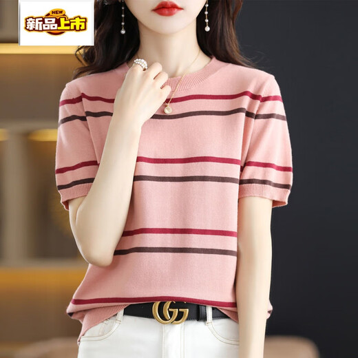 Erster Durchmesser (Chujing) gestreiftes Kurzärmel-T-Shirt für Frauen im vielseitigen Sommer-Sommer-Farbblocking Rund-Hals-Seiden-Seiden-Sweater halbärmelig kurzer Top DX761# Strawberry Powder XL Empfohlen 120-135jin [Jin gleich 0,5 kg]