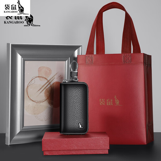 袋鼠男士钥匙包真皮新款随身锁匙包多功能牛皮汽车钥匙收纳包 黑色