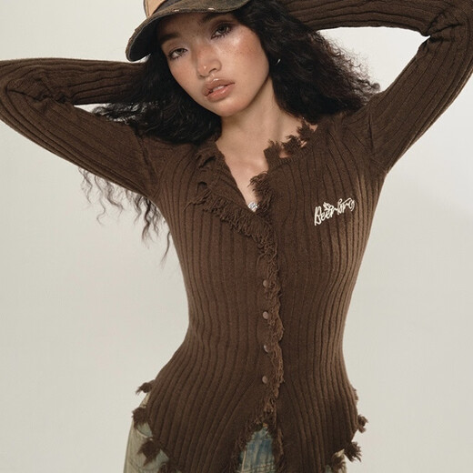 
Ziweiqi American tassel sweater autumn suit for women 2025 new European and American stretch cardigan wool top apricot color original quality S