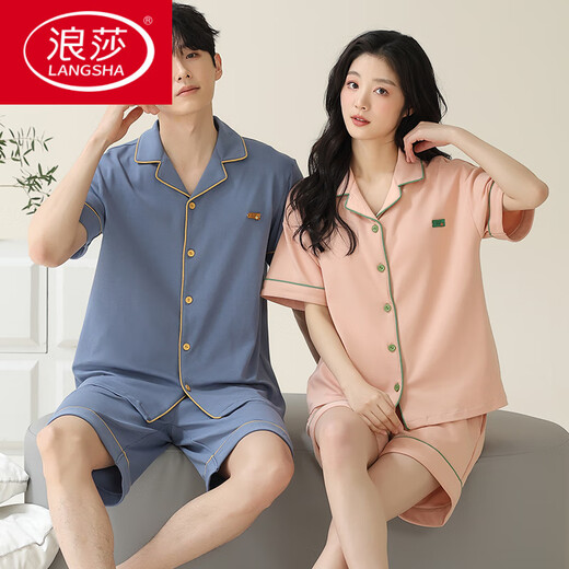 浪莎（LangSha）情侣睡衣夏季纯棉短袖短裤简约开衫可外穿男士女款全棉家居服夏天 X12703-12803# M 女款：