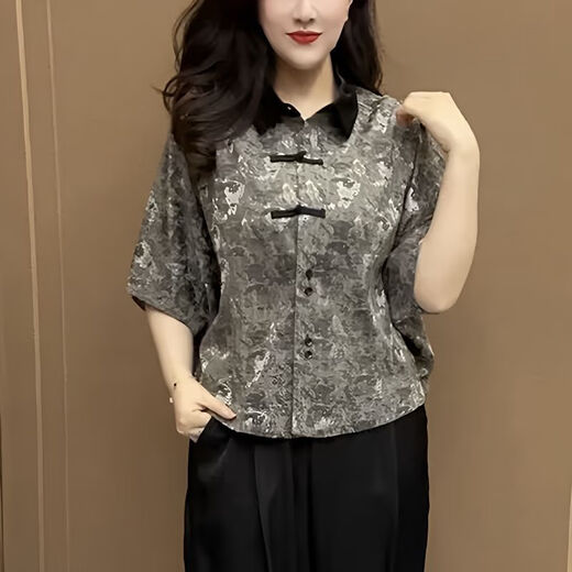 瓷袖广东普宁衬衫女2025新款中老年洋气中国风印花polo领中年妈妈夏季 绿色-6636 L 建议95-105斤