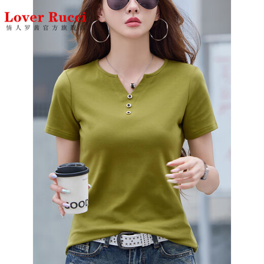 
LOVER RUCCIV neck T-shirt for women short-sleeved 2025 summer new solid color pure cotton loose large size half-sleeved shoulder fashionable top T-shirt 6623 Linglong purple (button) S Suggested 80-95Jin [Jin equals 0.5 kg]