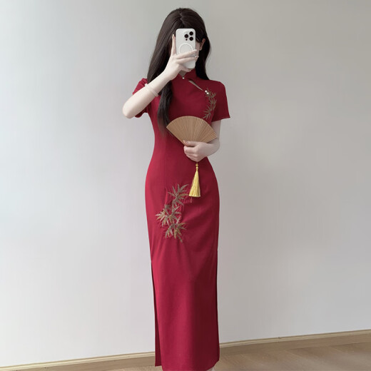 Danzhuna Purple NUEVO VESTO CHINO 2025 Summer NUEVA Ropa para mujeres de la niña Temperamento mejor mejorado Cheongsam Falda larga 9764 Amarillo Cheongsam (sin accesorios) XL