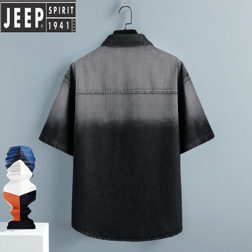 JEEP SPIRIT牛仔短袖衬衫男士休闲宽松渐变工装外套夏季薄款五分半袖百搭衬衣 T698黑色 3XL (约170-190斤可穿)