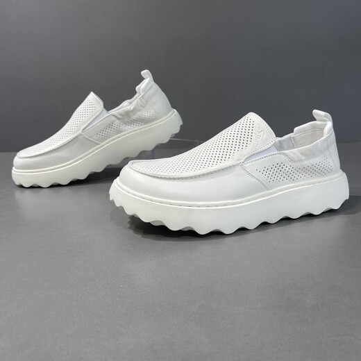 Gy Jinlilai 2025 Summer Soled Lazy Man Patadas mocasines de cuero zapatos de viaje huecos zapatos para hombres RESTIVO DESAUPABLE 9898 SURFAURADA DE CUERO BLANCO 38