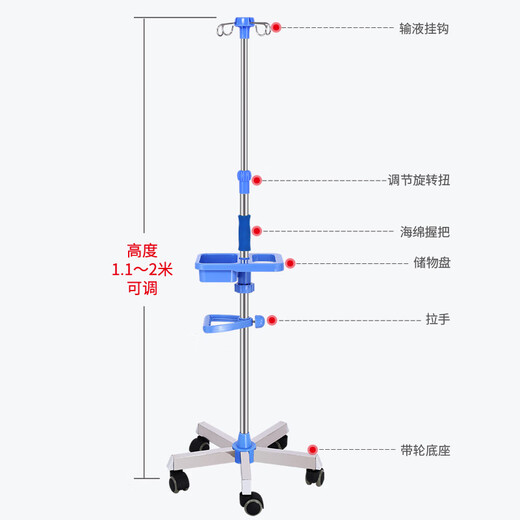 礼达康【9276人好评】移动输液架带轮点滴支架加厚不锈钢输液架盐水吊瓶 输液架(五角-4钩)+轮+方形置物架