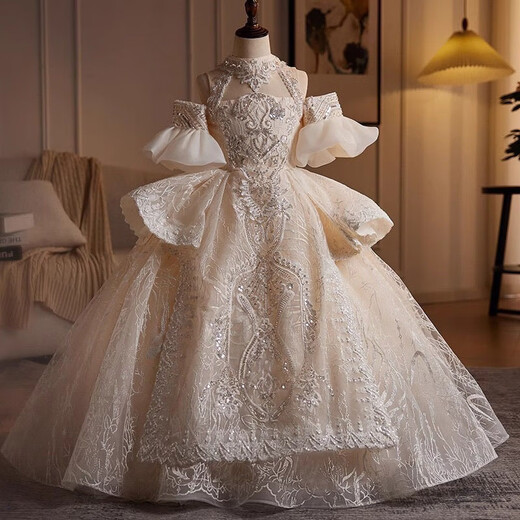 Pisces Kaninchen Kinderkinder kleines Mädchen Prinzessin Kleid Girls Hochzeitskleid Neue Pumpy Piano Flowers Host Birthday Beige 140