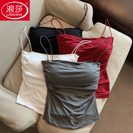 LangSha 2024 new hot girl pure desire pleated camisole women's summer spaghetti straps with sweet and spicy style sleeveless red one size